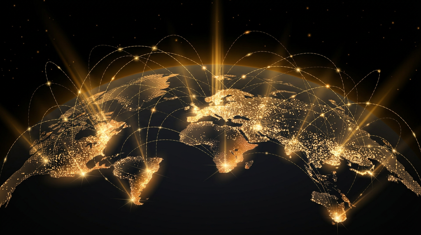 Global network of connected hubs glowing in gold